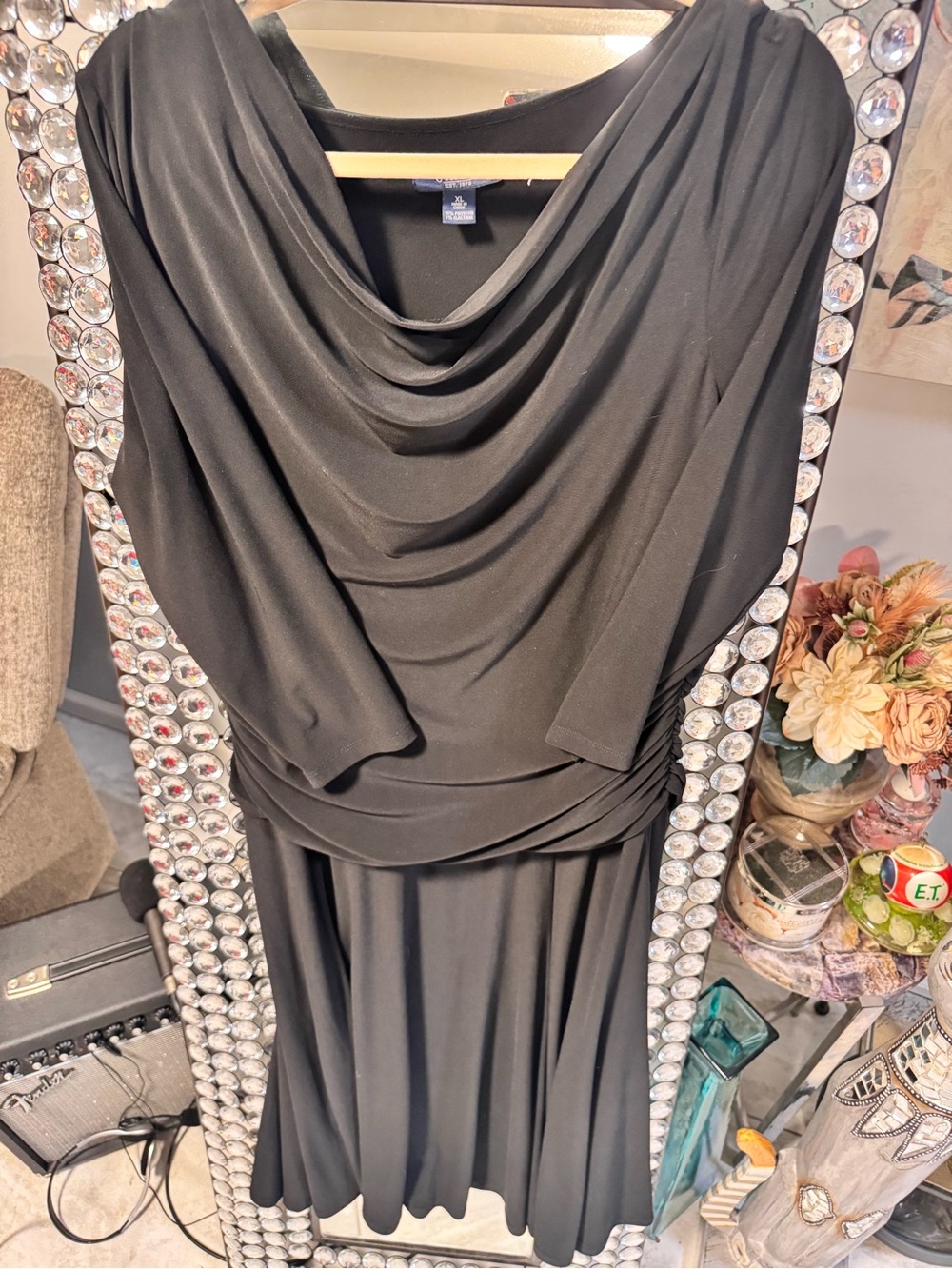 Chaps Black Draped Cowl Neck Long Sleeve Dress